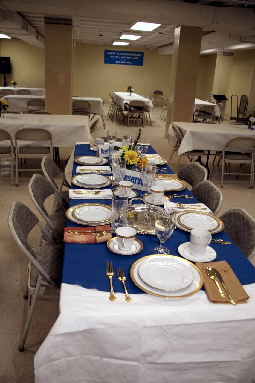 Set and decorated table in GFCC's Fellowship Hall