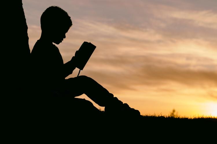 silhouette of boy reading   