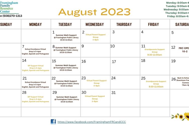 Framingham Family Resource Center’s Monthly Calendar